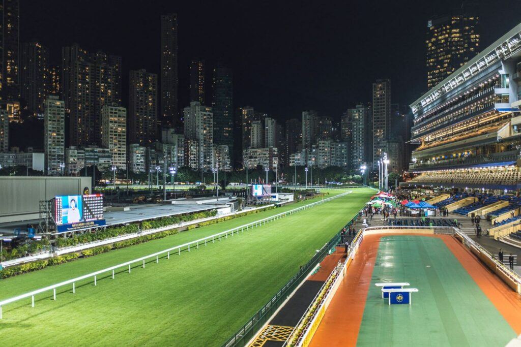 Inside the Happy Valley Racecourse at Night.